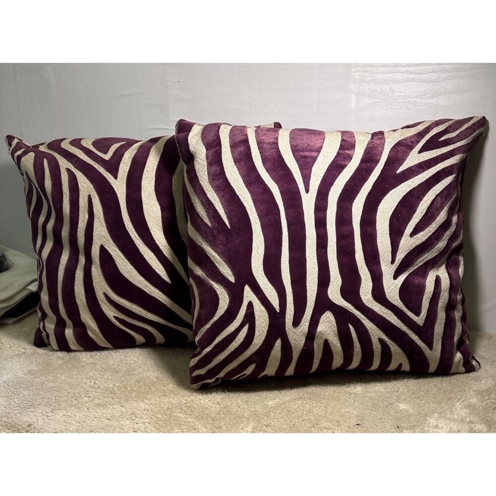 Zebra Print Throw Pillows Purple & Beige 16" Down Filled Velvet Set of 2